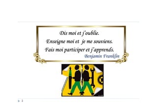 Dis moi et j’oublie.Dis moi et j’oublie.Dis moi et j’oublie.Dis moi et j’oublie.
Enseigne moi et je me souviens.Enseigne moi et je me souviens.Enseigne moi et je me souviens.Enseigne moi et je me souviens.
Fais moi participer et j’apprends.Fais moi participer et j’apprends.Fais moi participer et j’apprends.Fais moi participer et j’apprends.
Benjamin Franklin
2
Benjamin Franklin
 