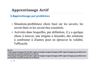 Apprentissage Actif
Situations-problèmes: choix basé sur les savoirs, les
savoir-faire et les savoir-être essentiels.
Activités dans lesquelles, par définition, il y a quelque
2-Apprentissage par problèmes
10
Activités dans lesquelles, par définition, il y a quelque
chose à trouver, une énigme à résoudre, des solutions
à confronter à d'autres pour en éprouver la validité,
l'efficacité.
A voir:
http://apprentissageactif.csimple.org/les-strategies-d-apprentissage-actif/2--apprentissage-par-probleme/un-
exemple-de-situation-probleme-en-chimie
http://apprentissageactif.csimple.org/les-strategies-d-apprentissage-actif/2--apprentissage-par-probleme/un-
exemple-de-situation-probleme-en-histoire
 