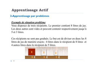 Apprentissage Actif
2-Apprentissage par problèmes
Exemple de situation problème
Vous disposez de trois récipients. Le premier contient 8 litres de jus.
Les deux autres sont vides et peuvent contenir respectivement jusqu’à
5 et 3 litres.
11
5 et 3 litres.
Ces récipients ne sont pas gradués. Le but est de diviser en deux les 8
litres de jus de manière exacte.: 4 litres dans le récipient de 8 litres et
4 autres litres dans le récipient de 5 litres.
 