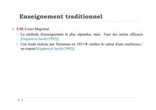 Enseignement traditionnel
CM: Cours Magistral
La méthode d'enseignement la plus répandue, mais l'une des moins efficaces
[Gagnon et Jacob (1982)]
Une étude réalisée par Treneman en 1951 vérifier la valeur d'une conférence /
un exposé [Gagnon et Jacob (1982)]
3
 