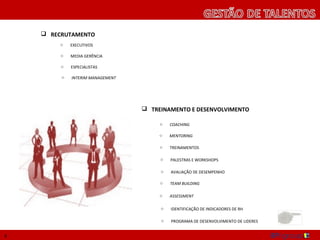  RECRUTAMENTO
         o   EXECUTIVOS

         o   MEDIA GERÊNCIA

         o   ESPECIALISTAS

         o   INTERIM MANAGEMENT




                                   TREINAMENTO E DESENVOLVIMENTO

                                       o   COACHING

                                       o   MENTORING

                                       o   TREINAMENTOS

                                       o   PALESTRAS E WORKSHOPS

                                       o   AVALIAÇÃO DE DESEMPENHO

                                       o   TEAM BUILDING

                                       o   ASSESSMENT

                                       o   IDENTIFICAÇÃO DE INDICADORES DE RH

                                       o   PROGRAMA DE DESENVOLVIMENTO DE LIDERES


6
 