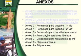 ANEXOS
• Anexo 1 - Lista de verificação para trabalhos a
quente, a frio, em equipamentos elétricos e em
alturas
• Anexo 2 - Lista de verificação para trabalhos em
áreas confinadas, faixas de dutos e escavação
• Anexo 3 - Permissão para trabalho - 1ª via
• Anexo 4 - Permissão para trabalho - 2º via
• Anexo 5 - Permissão para trabalho temporária
• Anexo 6 - Autorização para área liberada
• Anexo 7 - Credencial para requisitante de PT
• Anexo 8 - Etiqueta amarela
• Anexo 9 - Etiqueta azul
 