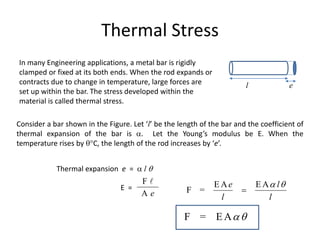Thermal Stress
l e
In many Engineering applications, a metal bar is rigidly
clamped or fixed at its both ends. When the rod expands or
contracts due to change in temperature, large forces are
set up within the bar. The stress developed within the
material is called thermal stress.
Consider a bar shown in the Figure. Let ‘l’ be the length of the bar and the coefficient of
thermal expansion of the bar is . Let the Young’s modulus be E. When the
temperature rises by C, the length of the rod increases by ‘e’.
Thermal expansion e =  l 
F
A e
E =
F = E A
E A E A
F =
e l
l l
 

 