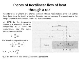 Theory of Rectilinear flow of heat
through a rod
Consider a bar of uniform area of cross-section A which is heated at one of its ends so that
heat flows along the length of the bar. Consider two planes A and B perpendicular to the
length of the bar at distances x and x +  x from the hot end.
Let d/dx be the temperature
gradient at A where  is the excess
temperature at A above the
surroundings. Now the excess
temperature at B will be
.
d
x
dx

 

The temperature gradient at B is
.
d d
x
dx dx

 
 
 
 
 
1
d
Q k A
dx

 
At A,
Q1 is the amount of heat entering the layer A per second
 