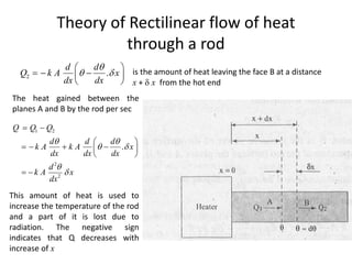 Theory of Rectilinear flow of heat
through a rod
The heat gained between the
planes A and B by the rod per sec
This amount of heat is used to
increase the temperature of the rod
and a part of it is lost due to
radiation. The negative sign
indicates that Q decreases with
increase of x
2 .
d d
Q k A x
dx dx

 
 
  
 
 
is the amount of heat leaving the face B at a distance
x +  x from the hot end
1 2
2
2
.
Q Q Q
d d d
k A k A x
dx dx dx
d
k A x
dx
 
 


 
 
   
 
 
 
 