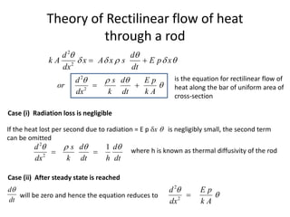 Theory of Rectilinear flow of heat
through a rod
If the heat lost per second due to radiation = E p x  is negligibly small, the second term
can be omitted
Case (i) Radiation loss is negligible
2
2
d d
k A x A x s E p x
dx dt
 
    
 
2
2
d s d E p
or
dx k dt k A
  

 
is the equation for rectilinear flow of
heat along the bar of uniform area of
cross-section
2
2
1
d s d d
dx k dt h dt
   
  where h is known as thermal diffusivity of the rod
Case (ii) After steady state is reached
d
dt

will be zero and hence the equation reduces to
2
2
d E p
dx k A



 