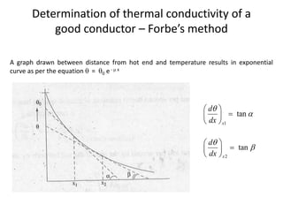 Determination of thermal conductivity of a
good conductor – Forbe’s method
A graph drawn between distance from hot end and temperature results in exponential
curve as per the equation  = 0 e -  x
1
tan
x
d
dx


 

 
 
2
tan
x
d
dx


 

 
 
 
