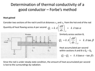 Determination of thermal conductivity of a
good conductor – Forbe’s method
Heat gained
Consider two sections of the rod A and B at distances x1 and x2 from the hot end of the rod
Quantity of heat flowing across A per second
1
1
tan
x
d
Q k A k A
dx


 
 
 
 
Similarly across section B,
2
2
tan
x
d
Q k A k A
dx


 
 
 
 
Heat accumulated per second
within sections A and B is Q1 – Q2
1 2 (tan tan )
Q Q k A  
  
Since the rod is under steady state condition, the amount of heat accumulated per second
is lost to the surroundings by radiation.
 