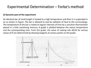 Experimental Determination – Forbe’s method
(i) Dynamic part of the experiment
An identical bar of small length is heated to a high temperature and then it is suspended in
air as shown in Figure. The bar is allowed to cool by radiation of heat to the surroundings.
The temperature of the bar is noted at regular intervals of time by a sensitive thermometer
placed in a hole containing mercury. A graph is plotted between the excess temperature
and the corresponding time. From the graph, the value of cooling rate d/dt for various
values of  are determined by drawing tangents at various points on the graph.
 