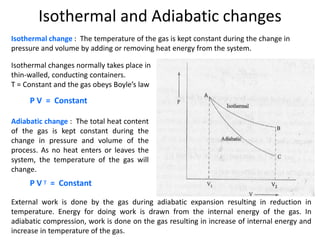 Isothermal and Adiabatic changes
Isothermal change : The temperature of the gas is kept constant during the change in
pressure and volume by adding or removing heat energy from the system.
Isothermal changes normally takes place in
thin-walled, conducting containers.
T = Constant and the gas obeys Boyle’s law
P V = Constant
Adiabatic change : The total heat content
of the gas is kept constant during the
change in pressure and volume of the
process. As no heat enters or leaves the
system, the temperature of the gas will
change.
P V  = Constant
External work is done by the gas during adiabatic expansion resulting in reduction in
temperature. Energy for doing work is drawn from the internal energy of the gas. In
adiabatic compression, work is done on the gas resulting in increase of internal energy and
increase in temperature of the gas.
 