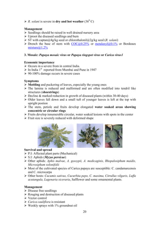 20
R. solani is severe in dry and hot weather (360
C)
Management
Seedlings should be raised in well drained nursery area
Uproot the diseased seedlings and burn
ST with captan@4g/kg seed or chlorothalonil@2g/kg seed (R. solani)
Drench the base of stem with COC@0.25% or metalaxyl@0.1% or Bordeaux
mixture@1.2%
3. Mosaic: Papaya mosaic virus or Papaya ringspot virus or Carica virus1
Economic importance
Occurs in a severe from in central India.
In India 1st
reported from Mumbai and Pune in 1947
90-100% damage occurs in severe cases
Symptoms
Mottling and puckering of leaves, especially the young ones
The lamina is reduced and malformed and are often modified into tendril like
structures (shoestrings)
Decline & marked reduction in growth of diseased plants (within 30-40 days)
Older leaves fall down and a small tuft of younger leaves is left at the top with
upright postion
The stem, petiole and fruits develop elongated water soaked areas showing
concentric or circular rings
Fruits develop innumerable circular, water soaked lesions with spots in the center
Fruit size is severely reduced with deformed shape
Survival and spread
P.I: Affected plant parts (Mechanical)
S.I: Aphids (Myzus persicae)
Other aphids: Aphis malvae, A. gossypii, A. medicaginis, Rhopalosiphum maidis,
Microsiphum solonifolii
Most of the cultivated species of Carica papaya are susceptible: C. candamarcensis
and C. microcarpa
Other hosts: Cucumis sativus, Cucurbita pepo, C. maxima, Citrullus vilgaris, Luffa
acutangula, Lagenaria siceraria, Safflower and some ornamental plants.
Management
Disease free seedlings
Rouging and destruction of diseased plants
Vector control
Carica cauliflora is resistant
Weekly sprays with 1% groundnut oil
 