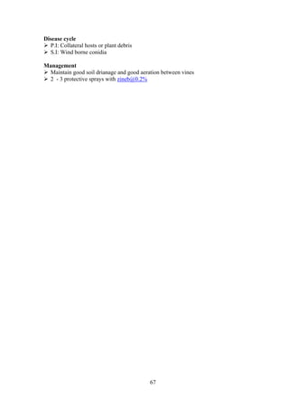 67
Disease cycle
P.I: Collateral hosts or plant debris
S.I: Wind borne conidia
Management
Maintain good soil drianage and good aeration between vines
2 - 3 protective sprays with zineb@0.2%
 