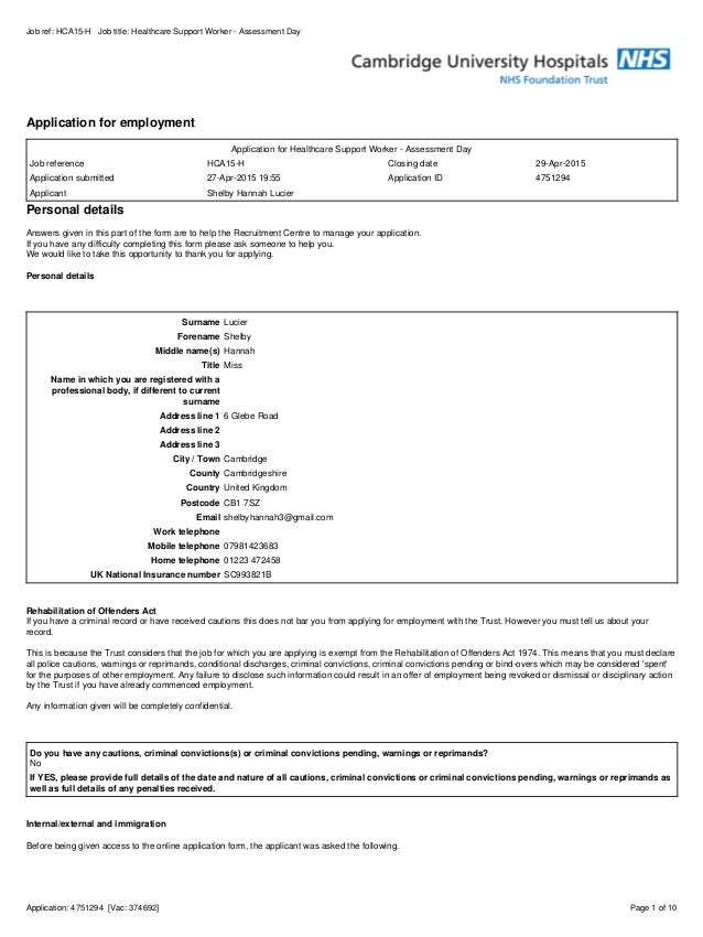 Health care assistant application form