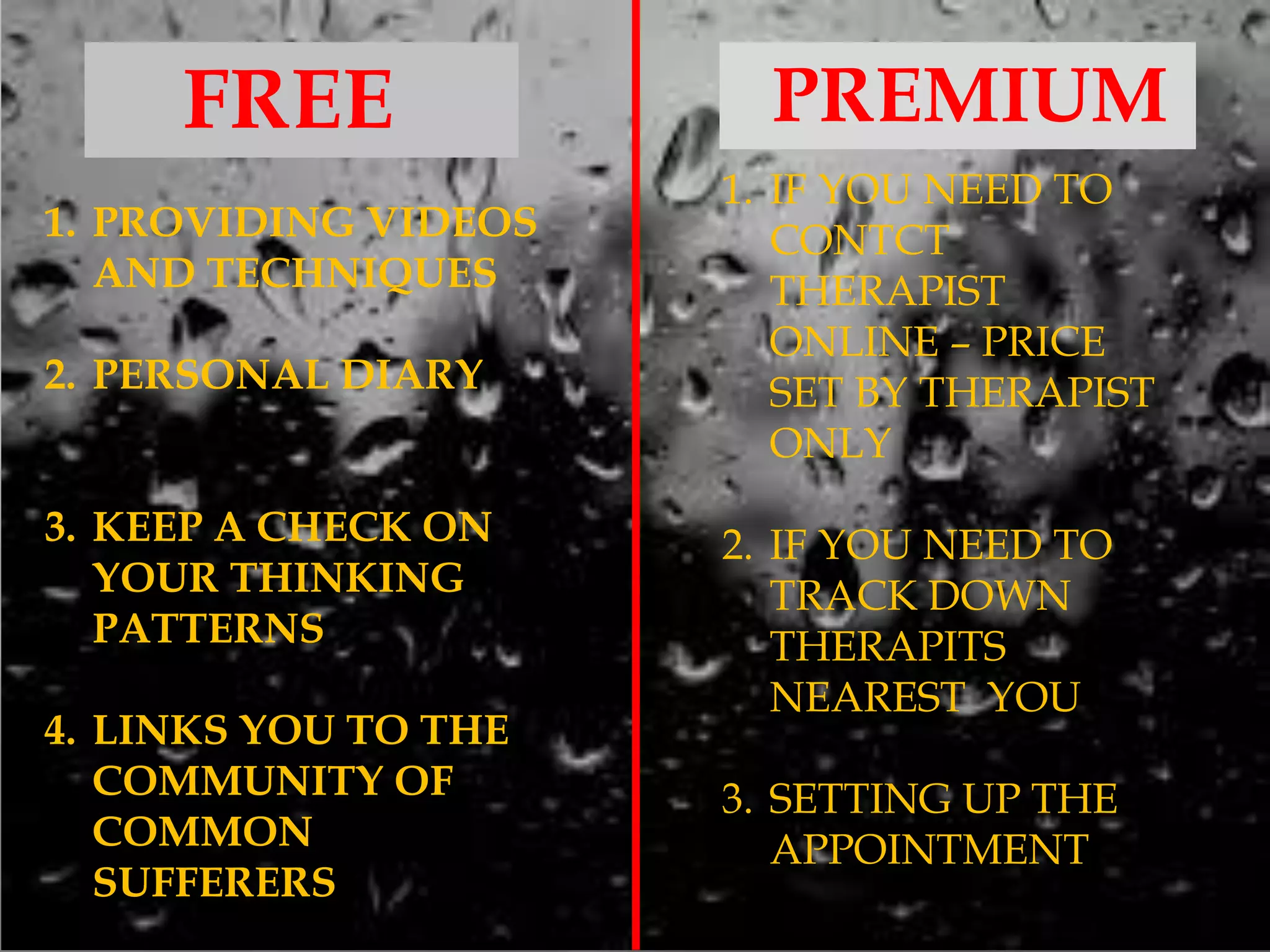 FREE PREMIUM
1. PROVIDING VIDEOS
AND TECHNIQUES
2. PERSONAL DIARY
3. KEEP A CHECK ON
YOUR THINKING
PATTERNS
4. LINKS YOU TO THE
COMMUNITY OF
COMMON
SUFFERERS
1. IF YOU NEED TO
CONTCT
THERAPIST
ONLINE – PRICE
SET BY THERAPIST
ONLY
2. IF YOU NEED TO
TRACK DOWN
THERAPITS
NEAREST YOU
3. SETTING UP THE
APPOINTMENT
 