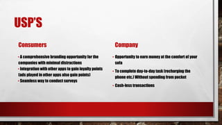 USP’S
• A comprehensive branding opportunity for the
companies with minimal distractions
• Integration with other apps to gain loyalty points
(ads played in other apps also gain points)
• Seamless way to conduct surveys
Company
• Opportunity to earn money at the comfort of your
sofa
• To complete day-to-day task (recharging the
phone etc.) Without spending from pocket
• Cash-less transactions
Consumers
 