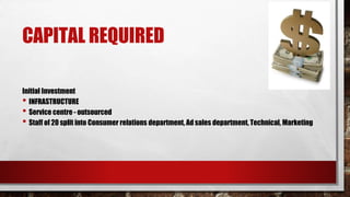 CAPITAL REQUIRED
Initial Investment
• INFRASTRUCTURE
• Service centre - outsourced
• Staff of 20 split into Consumer relations department, Ad sales department, Technical, Marketing
 