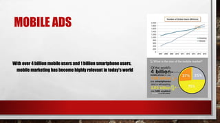 MOBILE ADS
With over 4 billion mobile users and 1 billion smartphone users,
mobile marketing has become highly relevant in today's world
 