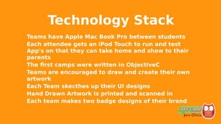 Technology Stack
Teams have Apple Mac Book Pro between students
Each attendee gets an iPod Touch to run and test
App's on that they can take home and show to their
parents
The first camps were written in ObjectiveC
Teams are encouraged to draw and create their own
artwork
Each Team skecthes up their UI designs
Hand Drawn Artwork is printed and scanned in
Each team makes two badge designs of their brand
 