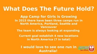 What Does The Future Hold?
App Camp for Girls is Growing
In 2015 there have been three camps run in
North America, Portland, Seattle and
Vancouver
The team is always looking at expanding
Current goal establish 4 new locations
in North America (7 in total)
I would love to see one run in
Australia!
 