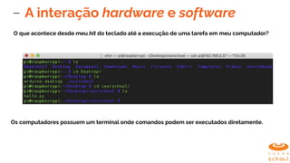 A interação hardware e software
O que acontece desde meu hit do teclado até a execução de uma tarefa em meu computador?
Os computadores possuem um terminal onde comandos podem ser executados diretamente.
 