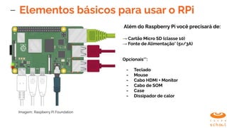 Elementos básicos para usar o RPi
Além do Raspberry Pi você precisará de:
→ Cartão Micro SD (classe 10)
→ Fonte de Alimentação* (5v/3A)
Opcionais**:
- Teclado
- Mouse
- Cabo HDMI + Monitor
- Cabo de SOM
- Case
- Dissipador de calor
Imagem:: Raspberry Pi Foundation
 