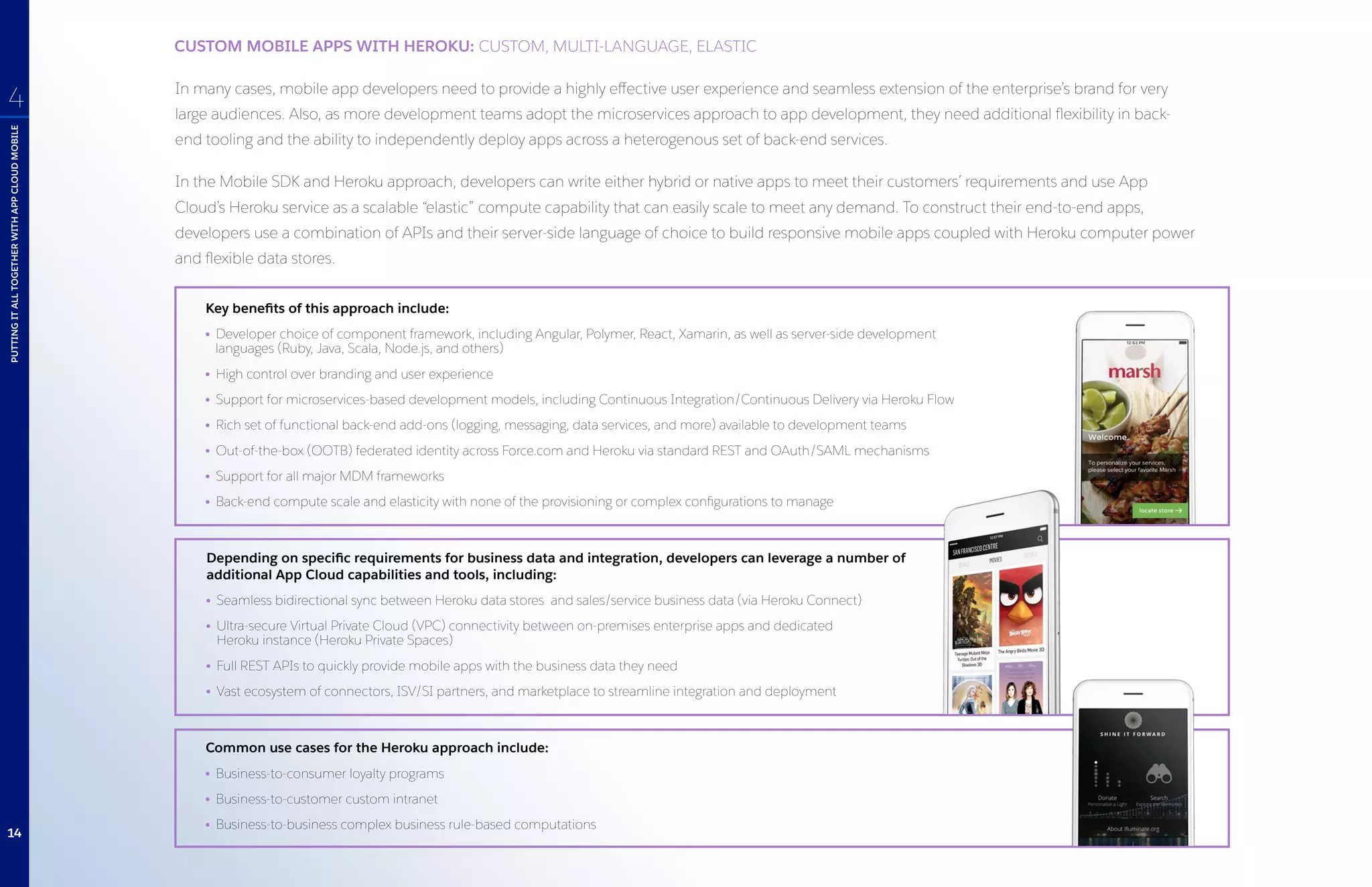 Depending on specific requirements for business data and integration, developers can leverage a number of
additional App Cloud capabilities and tools, including:
Seamless bidirectional sync between Heroku data stores and sales/service business data (via Heroku Connect)
Ultra-secure Virtual Private Cloud (VPC) connectivity between on-premises enterprise apps and dedicated
Heroku instance (Heroku Private Spaces)
Full REST APIs to quickly provide mobile apps with the business data they need
Vast ecosystem of connectors, ISV/SI partners, and marketplace to streamline integration and deployment
Common use cases for the Heroku approach include:
Business-to-consumer loyalty programs
Business-to-customer custom intranet
Business-to-business complex business rule-based computations
CUSTOM MOBILE APPS WITH HEROKU: CUSTOM, MULTI-LANGUAGE, ELASTIC
In many cases, mobile app developers need to provide a highly effective user experience and seamless extension of the enterprise’s brand for very
large audiences. Also, as more development teams adopt the microservices approach to app development, they need additional flexibility in back-
end tooling and the ability to independently deploy apps across a heterogenous set of back-end services.
In the Mobile SDK and Heroku approach, developers can write either hybrid or native apps to meet their customers’ requirements and use App
Cloud’s Heroku service as a scalable “elastic” compute capability that can easily scale to meet any demand. To construct their end-to-end apps,
developers use a combination of APIs and their server-side language of choice to build responsive mobile apps coupled with Heroku computer power
and flexible data stores.
PUTTINGITALLTOGETHERWITHAPPCLOUDMOBILE
4
Key benefits of this approach include:
Developer choice of component framework, including Angular, Polymer, React, Xamarin, as well as server-side development
languages (Ruby, Java, Scala, Node.js, and others)
High control over branding and user experience
Support for microservices-based development models, including Continuous Integration/Continuous Delivery via Heroku Flow
Rich set of functional back-end add-ons (logging, messaging, data services, and more) available to development teams
Out-of-the-box (OOTB) federated identity across Force.com and Heroku via standard REST and OAuth/SAML mechanisms
Support for all major MDM frameworks
Back-end compute scale and elasticity with none of the provisioning or complex configurations to manage
14
 