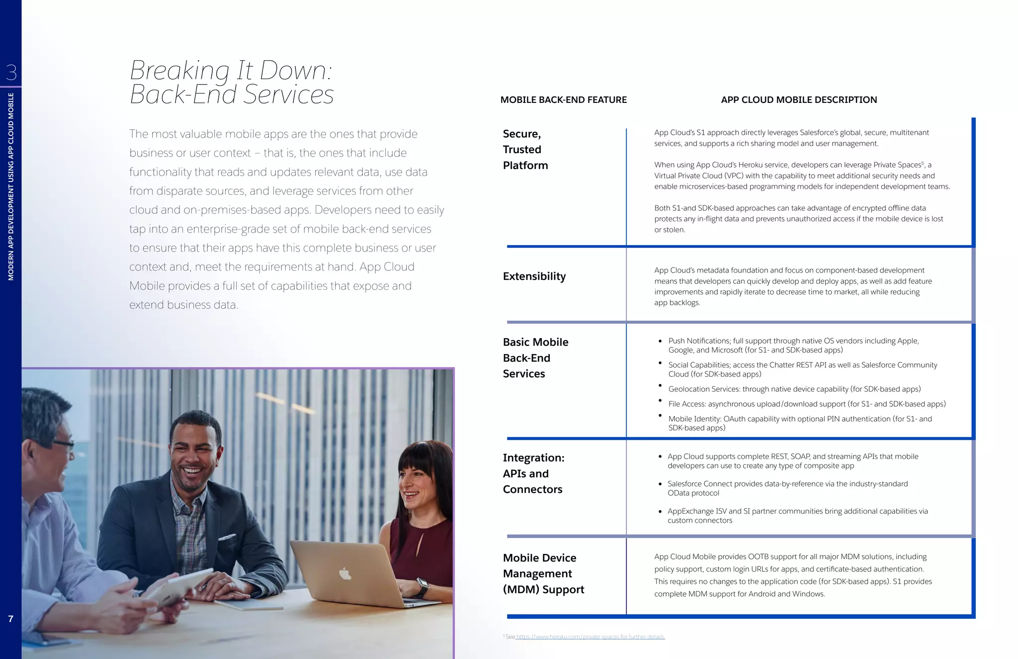 Extensibility
App Cloud’s metadata foundation and focus on component-based development
means that developers can quickly develop and deploy apps, as well as add feature
improvements and rapidly iterate to decrease time to market, all while reducing
app backlogs.
Basic Mobile
Back-End
Services
Push Notifications; full support through native OS vendors including Apple,
Google, and Microsoft (for S1- and SDK-based apps)
Social Capabilities; access the Chatter REST API as well as Salesforce Community
Cloud (for SDK-based apps)
Geolocation Services: through native device capability (for SDK-based apps)
File Access: asynchronous upload/download support (for S1- and SDK-based apps)
Mobile Identity: OAuth capability with optional PIN authentication (for S1- and
SDK-based apps)
Integration:
APIs and
Connectors
App Cloud supports complete REST, SOAP, and streaming APIs that mobile
developers can use to create any type of composite app
Salesforce Connect provides data-by-reference via the industry-standard
OData protocol
AppExchange ISV and SI partner communities bring additional capabilities via
custom connectors
Mobile Device
Management
(MDM) Support
App Cloud Mobile provides OOTB support for all major MDM solutions, including
policy support, custom login URLs for apps, and certificate-based authentication.
This requires no changes to the application code (for SDK-based apps). S1 provides
complete MDM support for Android and Windows.
Secure,
Trusted
Platform
App Cloud’s S1 approach directly leverages Salesforce’s global, secure, multitenant
services, and supports a rich sharing model and user management.
When using App Cloud’s Heroku service, developers can leverage Private Spaces5
, a
Virtual Private Cloud (VPC) with the capability to meet additional security needs and
enable microservices-based programming models for independent development teams.
Both S1-and SDK-based approaches can take advantage of encrypted offline data
protects any in-flight data and prevents unauthorized access if the mobile device is lost
or stolen.
MOBILE BACK-END FEATURE APP CLOUD MOBILE DESCRIPTION
Breaking It Down:
Back-End Services
The most valuable mobile apps are the ones that provide
business or user context – that is, the ones that include
functionality that reads and updates relevant data, use data
from disparate sources, and leverage services from other
cloud and on-premises-based apps. Developers need to easily
tap into an enterprise-grade set of mobile back-end services
to ensure that their apps have this complete business or user
context and, meet the requirements at hand. App Cloud
Mobile provides a full set of capabilities that expose and
extend business data.
MODERNAPPDEVELOPMENTUSINGAPPCLOUDMOBILE
3
5
See https://www.heroku.com/private-spaces for further details.
7
 