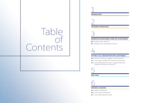 MODERN APP DEVELOPMENT USING APP CLOUD MOBILE
06 | Breaking It Down: Mobile UX
07 | Breaking It Down: Mobile Back-end Services
3
PUTTING IT ALL TOGETHER WITH APP CLOUD MOBILE
10 | Salesforce1 Mobile App: Integrated, Instant Deployment
12 | Custom Apps with Mobile SDK: Branded Stand-Alone Apps
14 | Custom Mobile Apps with Heroku: Language and Back-end 	 	 	
Flexibility with Support for Microservices
4
REFERENCE DIAGRAMS
19 | Salesforce1 Mobile App
20 | Custom Apps with Mobile SDK
21 | Custom Mobile Apps with Heroku
6
THE MOBILE OPPORTUNITY
2
NEXT STEPS
5
Table
of
Contents
INTRODUCTION
1
 