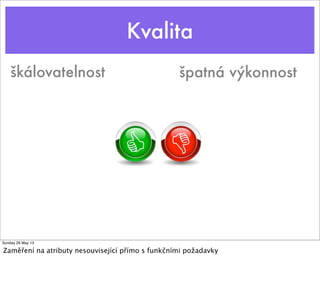 škálovatelnost špatná výkonnost
Kvalita
Sunday 26 May 13
Zaměření na atributy nesouvisející přímo s funkčními požadavky
 