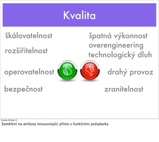 rozšiřitelnost
technologický dluh
overengineering
operovatelnost drahý provoz
škálovatelnost špatná výkonnost
Kvalita
bezpečnost zranitelnost
Sunday 26 May 13
Zaměření na atributy nesouvisející přímo s funkčními požadavky
 