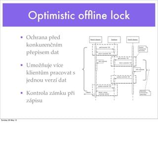 Optimistic ofﬂine lock
• Ochrana před
konkurenčním
přepisem dat
• Umožňuje více
klientům pracovat s
jednou verzí dat
• Kontrola zámku při
zápisu
Sunday 26 May 13
 