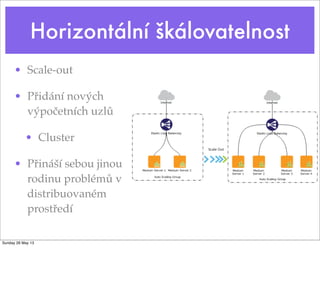 Horizontální škálovatelnost
• Scale-out
• Přidání nových
výpočetních uzlů
• Cluster
• Přináší sebou jinou
rodinu problémů v
distribuovaném
prostředí
Sunday 26 May 13
 