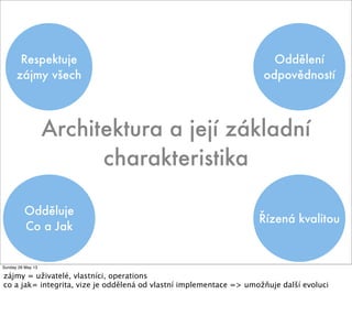Respektuje
zájmy všech
Oddělení
odpovědností
Řízená kvalitou
Odděluje
Co a Jak
Architektura a její základní
charakteristika
Sunday 26 May 13
zájmy = uživatelé, vlastníci, operations
co a jak= integrita, vize je oddělená od vlastní implementace => umožňuje další evoluci
 