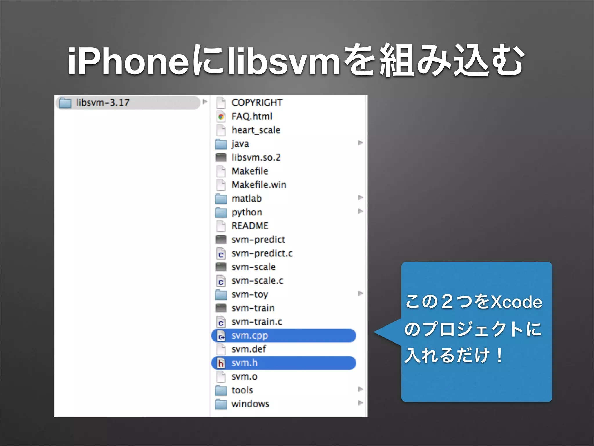 iPhoneにlibsvmを組み込む
この２つをXcode
のプロジェクトに
入れるだけ！
 