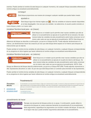 eventos. Puede cambiar el nombre de este bloque en cualquier momento y de cualquier bloque asociadas referencia al
nombre antiguo se actualizará automáticamente.
conseguir
Este bloque proporciona una manera de conseguir cualquier variable que pueda haber creado.
ajustado a
Este bloque sigue las mismas reglas que get . Sólo las variables en alcance estarán disponibles
en la lista desplegable. Una vez que una variable v se selecciona, el usuario puede conectar un
nuevo bloque y darle v un nuevo valor.
inicializar Nombre local para - en (hacer)
Este bloque es un mutador que le permite crear nuevas variables que sólo se
utilizan en el procedimiento se ejecuta en la parte DO de la manzana. De esta
manera todas las variables de este procedimiento serán todos comenzar con el
mismo valor cada vez que se ejecuta el procedimiento. NOTA: Este bloque se
diferencia del bloque se describe a continuación, ya que es un bloque de DO. Puede adjuntar declaraciones a la
misma. Las declaraciones hacen las cosas.Es por eso que este bloque tiene espacio en el interior para bloques de
instrucciones que se adjunta.
Puede cambiar el nombre de las variables de este bloque, en cualquier momento y cualquier bloques correspondientes
en su programa en otros lugares que hacen referencia al nombre antiguo se actualizará automáticamente
inicializar Nombre local para - en (retorno)
Este bloque es un mutador que le permite crear nuevas variables que sólo se
utilizan en el procedimiento se ejecuta en la parte de retorno del bloque. De
esta manera todas las variables de este procedimiento serán todos comenzar
con el mismo valor cada vez que se ejecuta el procedimiento. NOTA: Este
bloque se diferencia del bloque descrito anteriormente, ya que es un bloque RETURN. Puede adjuntar expresiones a
ella. Expresiones devuelven un valor. Es por eso que este bloque tiene un conector para enchufar en las expresiones.
Puede cambiar el nombre de las variables de este bloque, en cualquier momento y cualquier bloques correspondientes
en su programa en otros lugares que hacen referencia al nombre antiguo se actualizará automáticamente
Procedure
Blocks
 procedure do
 procedure result
procedimiento de hacer
Recoge una secuencia de bloques juntos en un grupo. A continuación, puede utilizar la
secuencia de bloques en varias ocasiones llamando al procedimiento.Si el procedimiento
tiene argumentos, especifique los argumentos con el botón mutador del bloque. Si hace clic
en el signo más azul, puede arrastrar argumentos adicionales en el procedimiento.
 