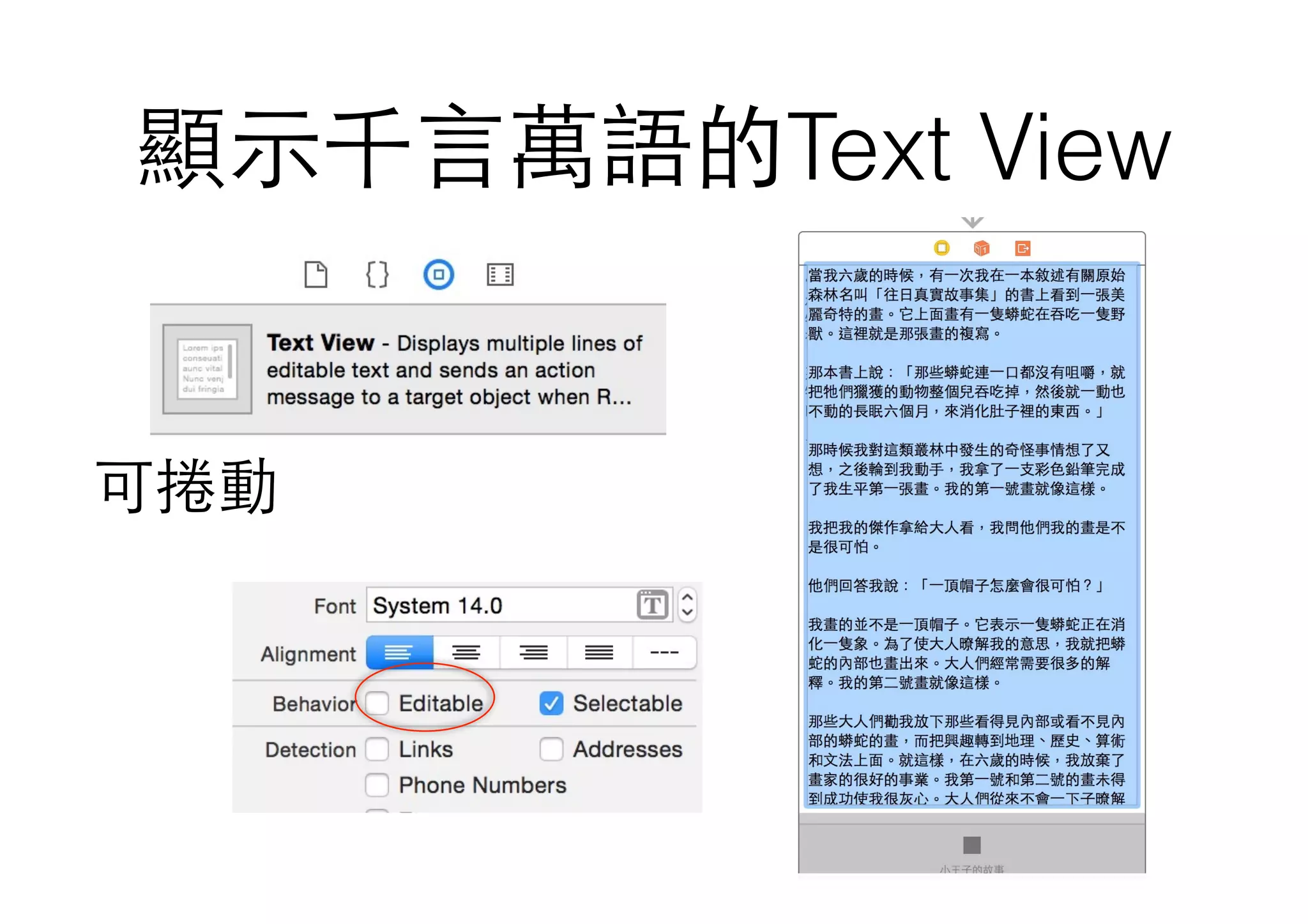 顯⽰示千⾔言萬語的Text View
可捲動
 