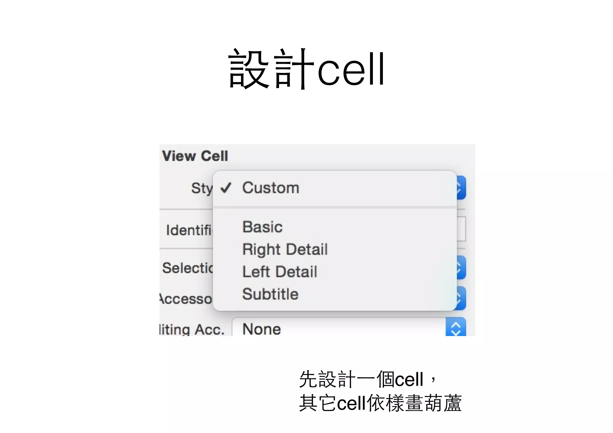 設計cell
先設計⼀一個cell， 
其它cell依樣畫葫蘆
 