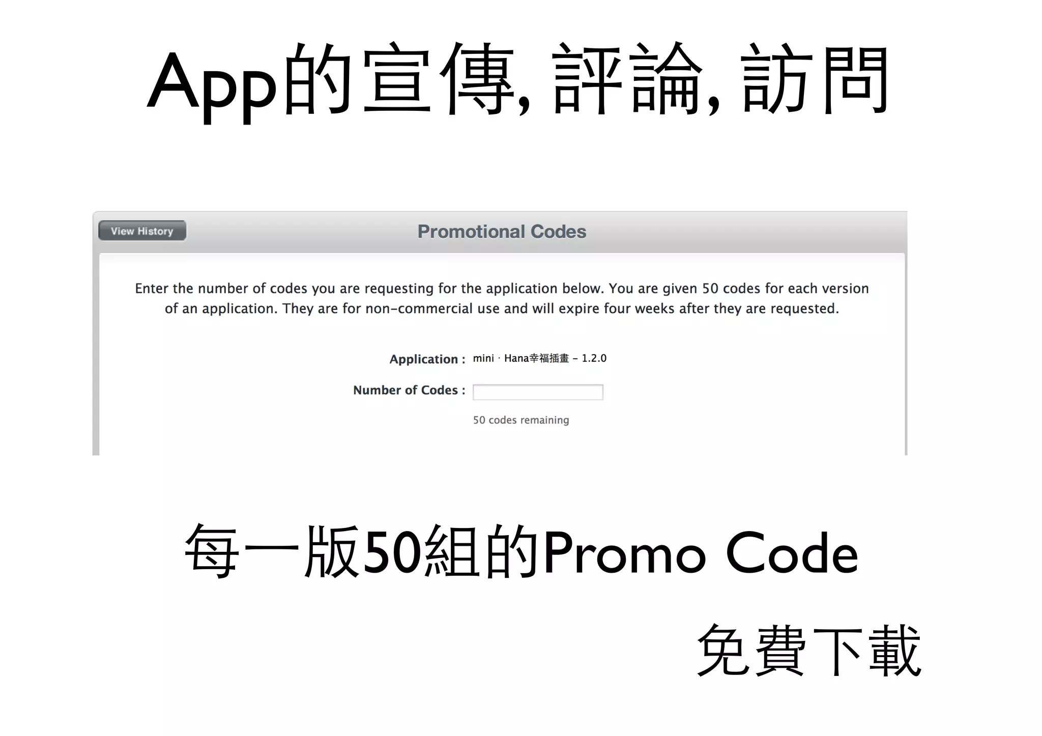 App的宣傳, 評論, 訪問
每⼀一版50組的Promo Code
免費下載
 
