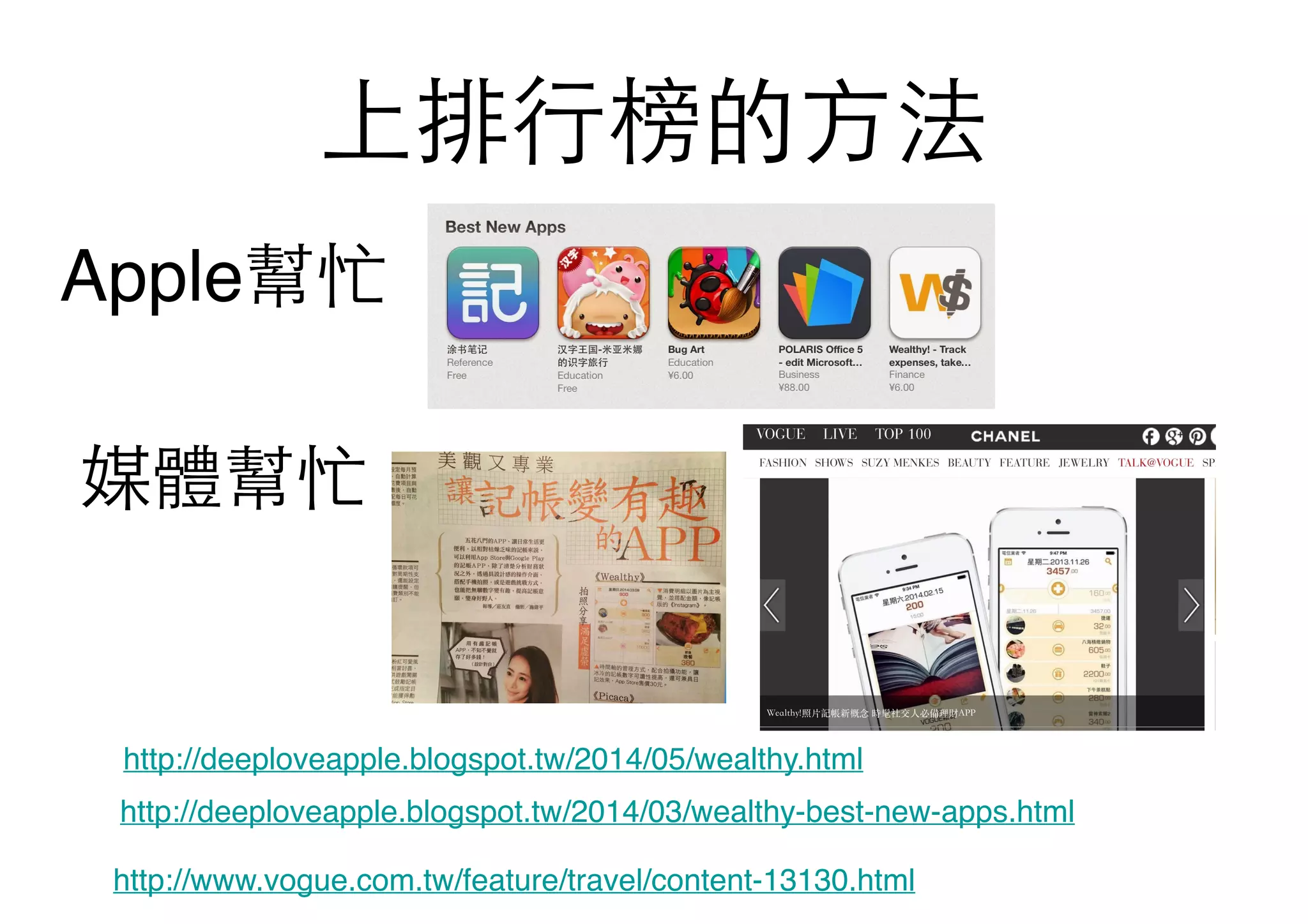 上排⾏行榜的⽅方法
Apple幫忙
媒體幫忙
http://www.vogue.com.tw/feature/travel/content-13130.html
http://deeploveapple.blogspot.tw/2014/03/wealthy-best-new-apps.html
http://deeploveapple.blogspot.tw/2014/05/wealthy.html
 