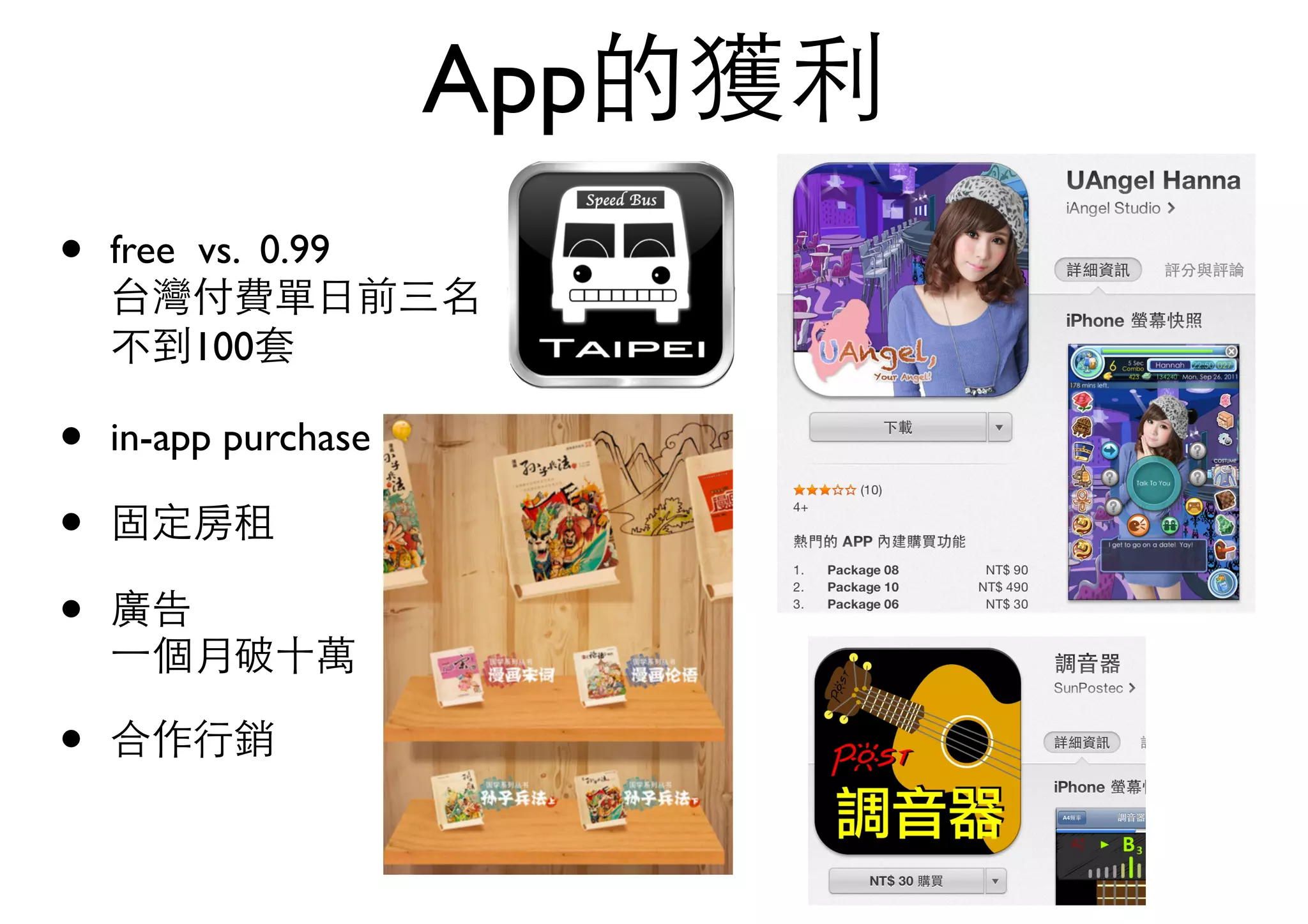 App的獲利
• free vs. 0.99 
台灣付費單⽇日前三名 
不到100套
• in-app purchase
• 固定房租
• 廣告 
⼀一個⽉月破⼗十萬
• 合作⾏行銷
 