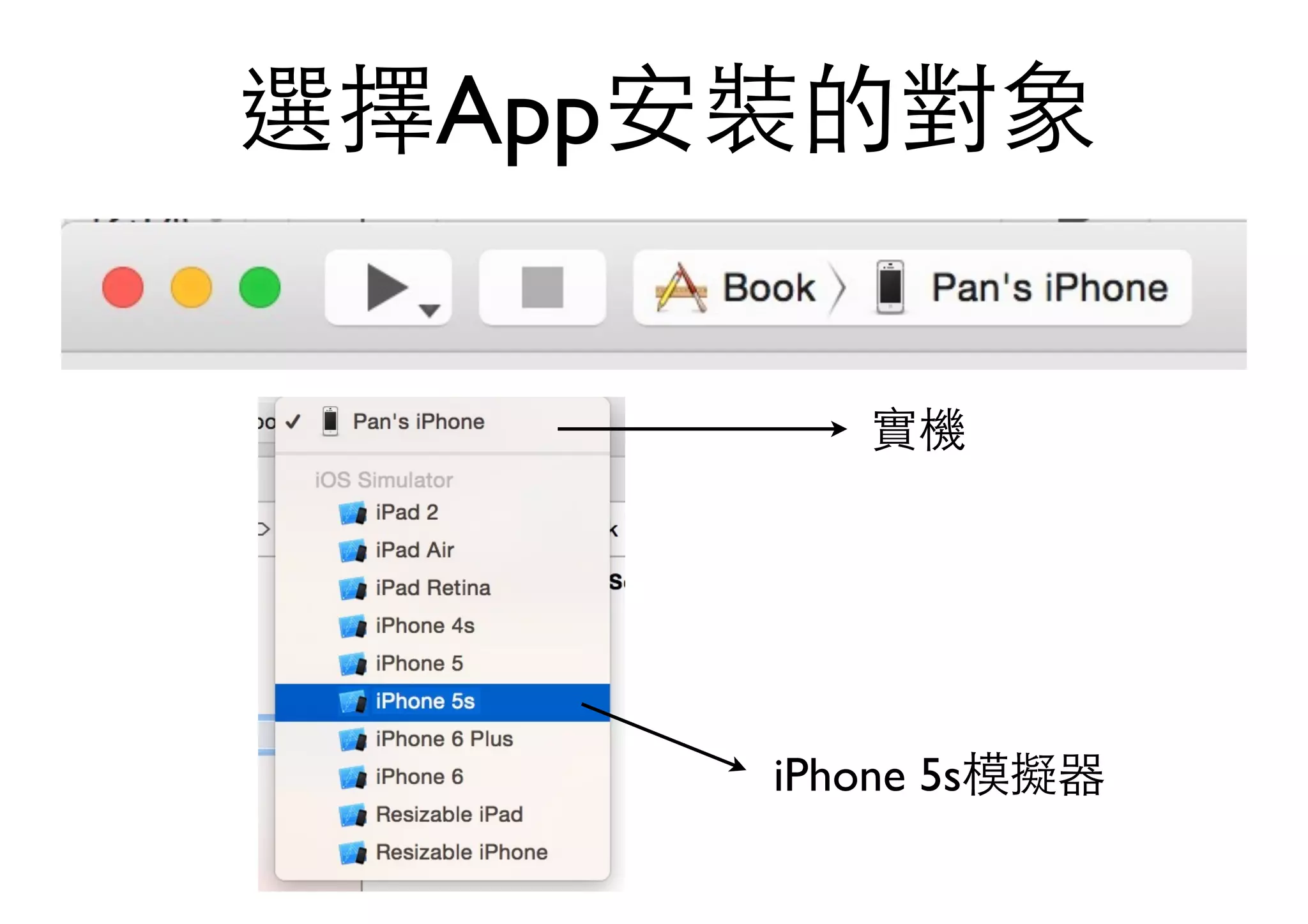 選擇App安裝的對象
iPhone 5s模擬器
實機
 