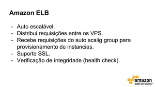 Amazon ELB
- Auto escalável.
- Distribui requisições entre os VPS.
- Recebe requisições do auto scalig group para
provisionamento de instancias.
- Suporte SSL.
- Verificação de integridade (health check).
 