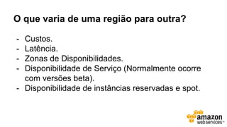 O que varia de uma região para outra?
- Custos.
- Latência.
- Zonas de Disponibilidades.
- Disponibilidade de Serviço (Normalmente ocorre
com versões beta).
- Disponibilidade de instâncias reservadas e spot.
 
