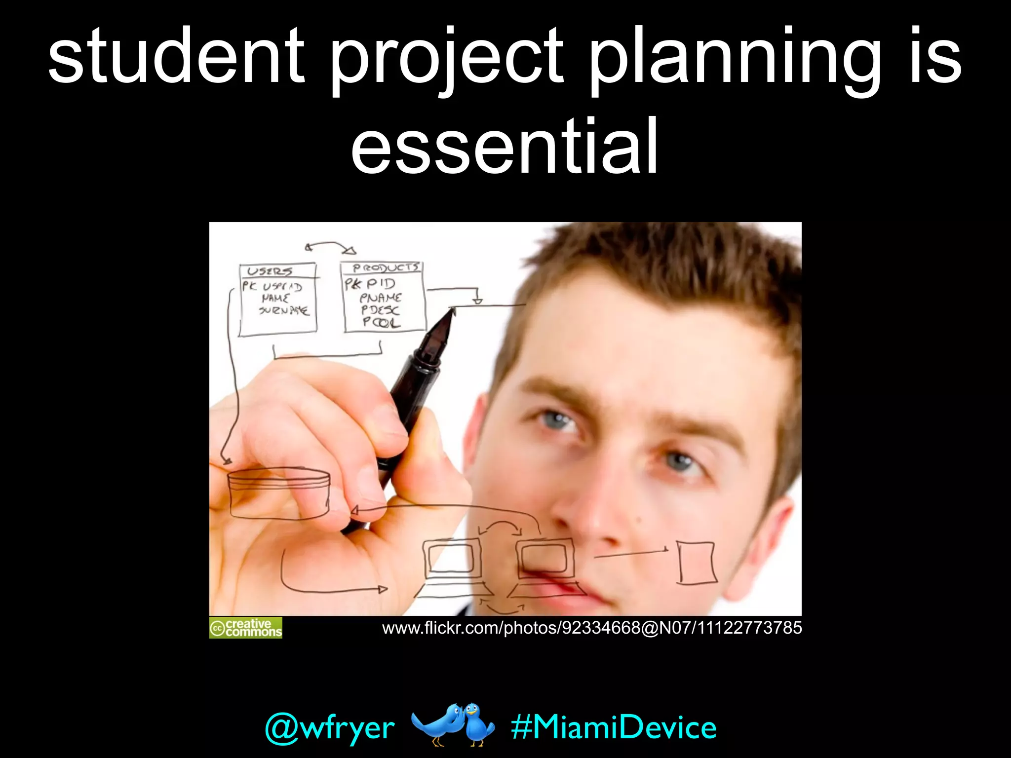 www.flickr.com/photos/92334668@N07/11122773785
student project planning is
essential
#MiamiDevice@wfryer
 