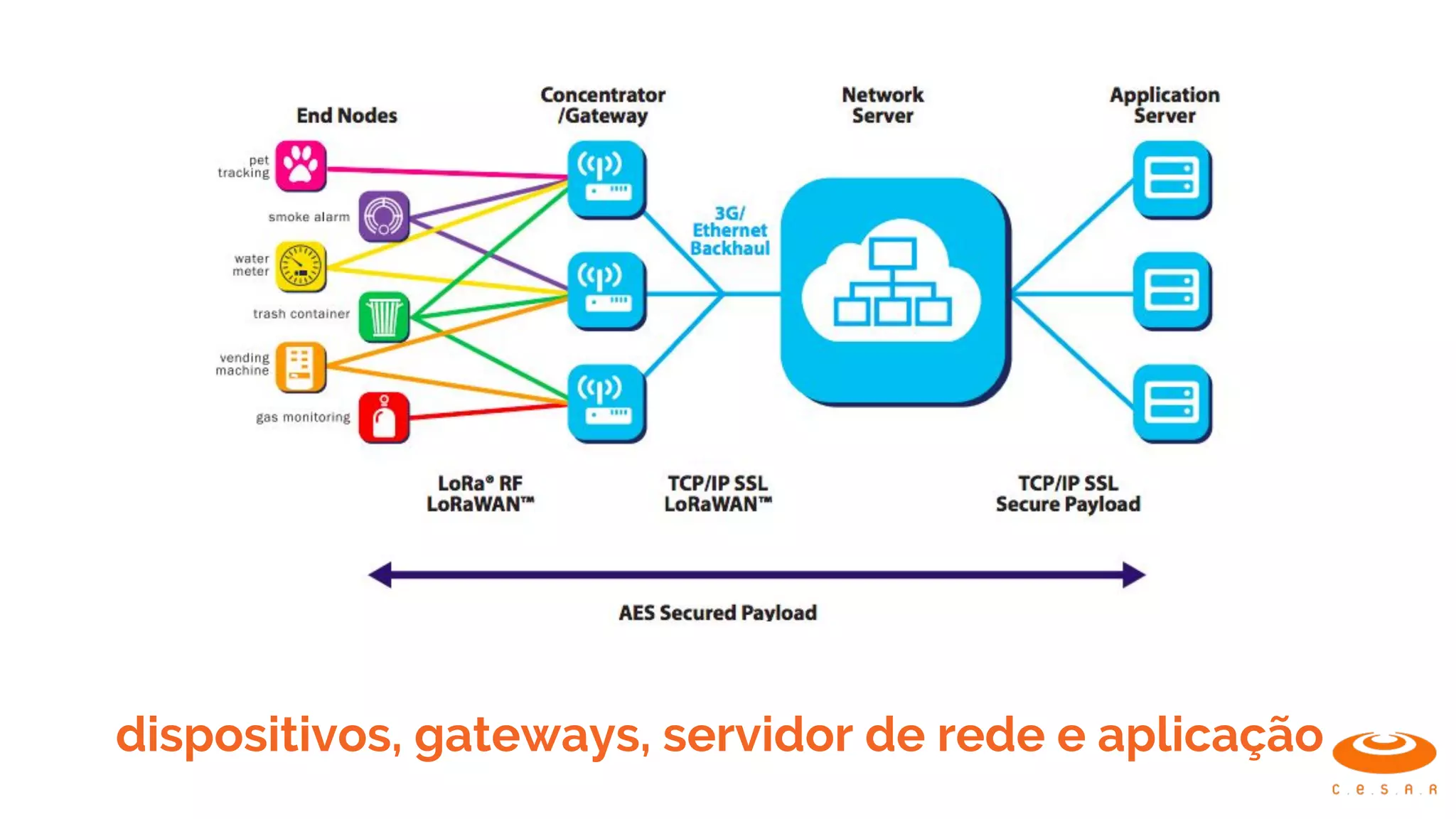 dispositivos, gateways, servidor de rede e aplicação
 