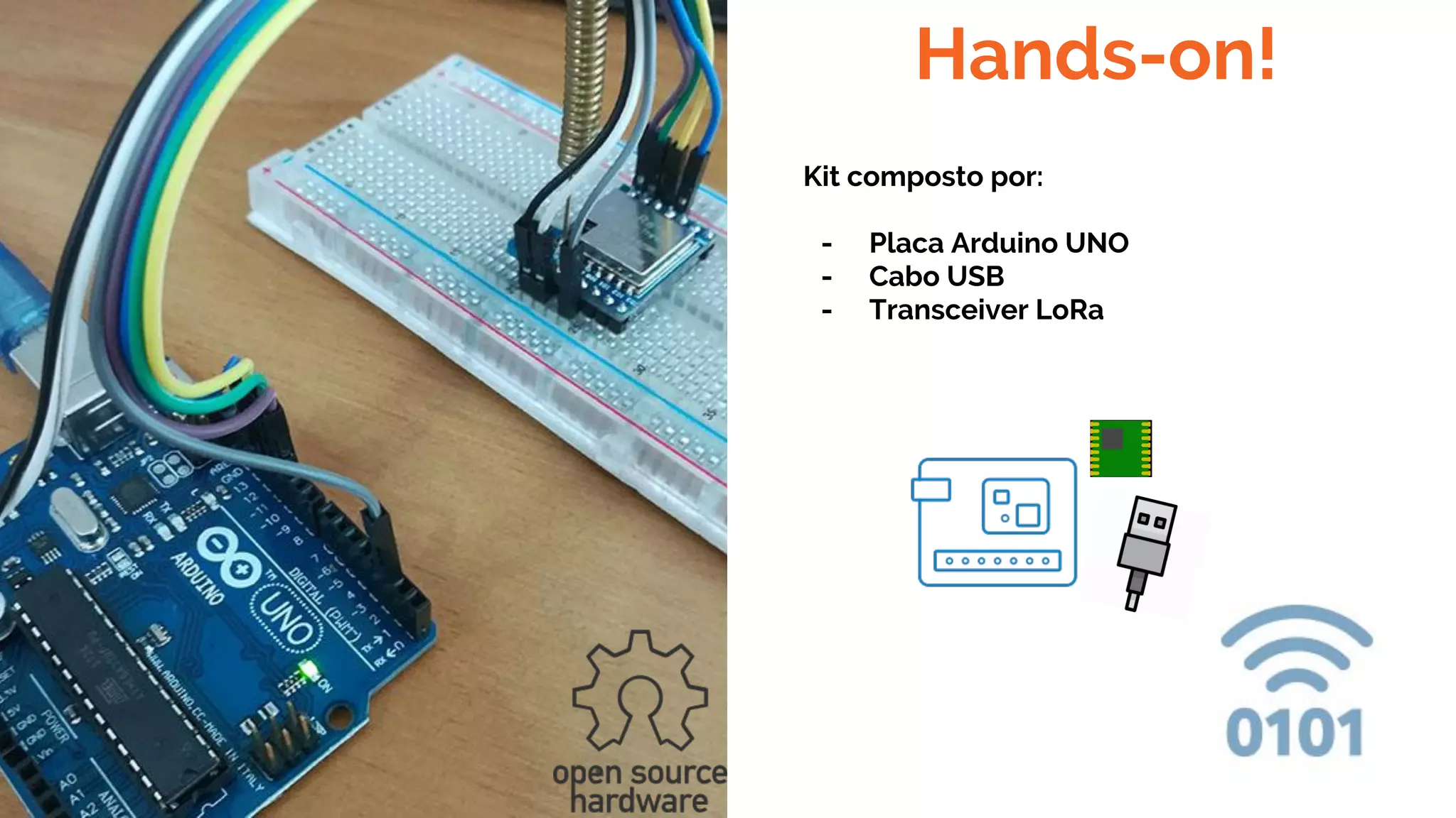 Hands-on!
Kit composto por:
- Placa Arduino UNO
- Cabo USB
- Transceiver LoRa
 