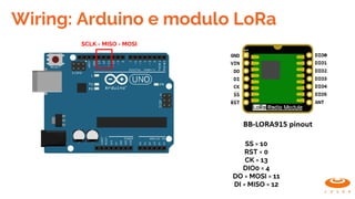 Wiring: Arduino e modulo LoRa
SS = 10
RST = 0
CK = 13
DIO0 = 4
DO = MOSI = 11
DI = MISO = 12
SCLK - MISO - MOSI
 