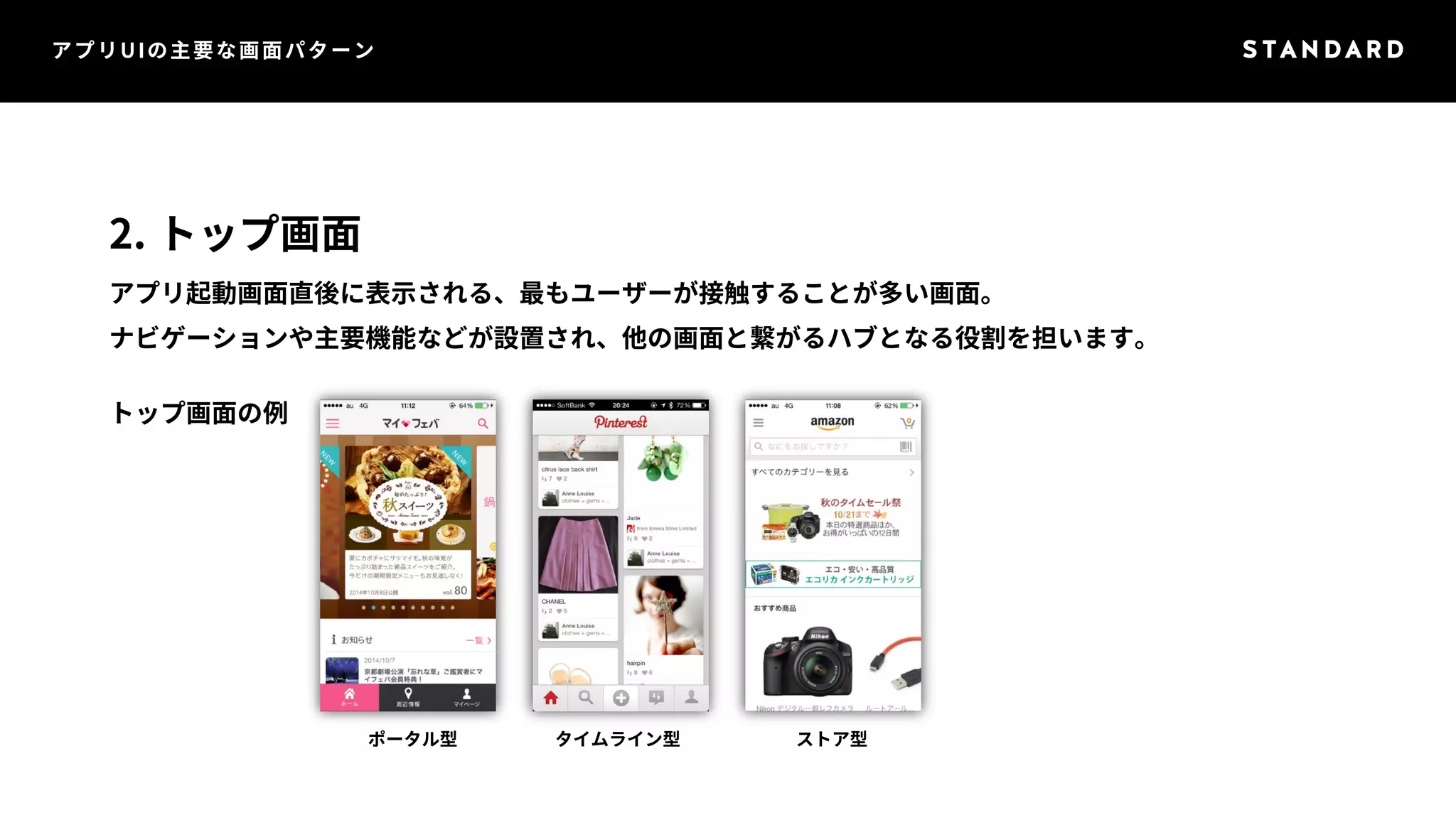 アプリUIの主要な画面パターン 
2. トップ画面 
アプリ起動画面直後に表示される、最もユーザーが接触することが多い画面。 
ナビゲーションや主要機能などが設置され、他の画面と繋がるハブとなる役割を担います。 
トップ画面の例 
ポータル型タイムライン型ストア型 
 