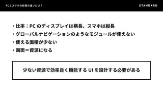 PCとスマホの前提の違いとは？ 
・比率：PC のディスプレイは横長、スマホは縦長 
・グローバルナビゲーションのようなモジュールが使えない 
・使える面積が少ない 
・画面＝資源になる 
少ない資源で効率良く機能するUI を設計する必要がある 
 