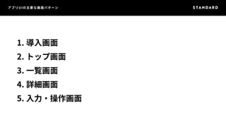 アプリUIの主要な画面パターン 
1. 導入画面 
2. トップ画面 
3. 一覧画面 
4. 詳細画面 
5. 入力・操作画面 
 
